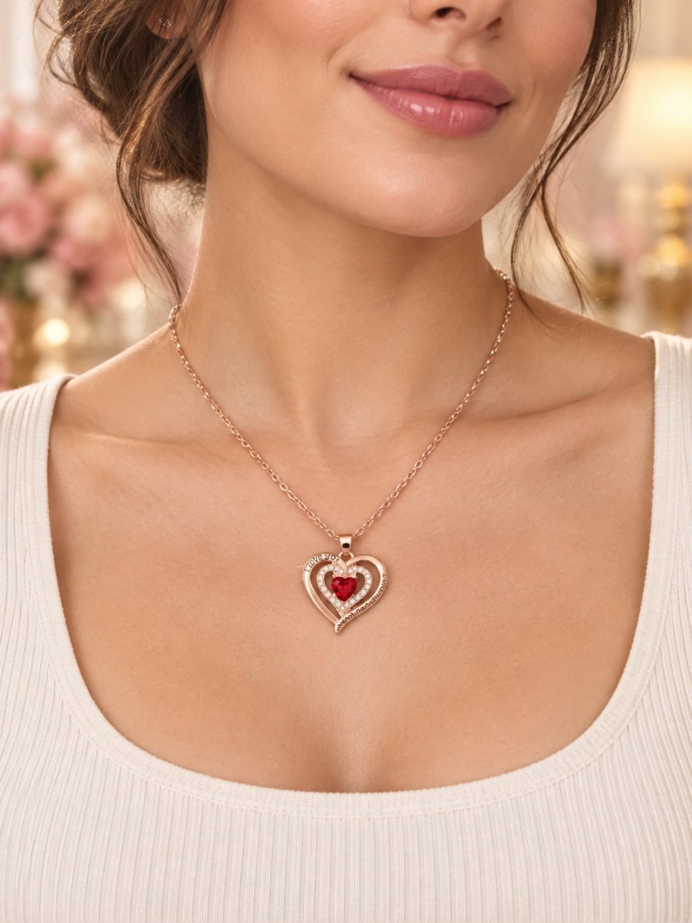 Rose Heart Pendant Necklace with Red Gem
